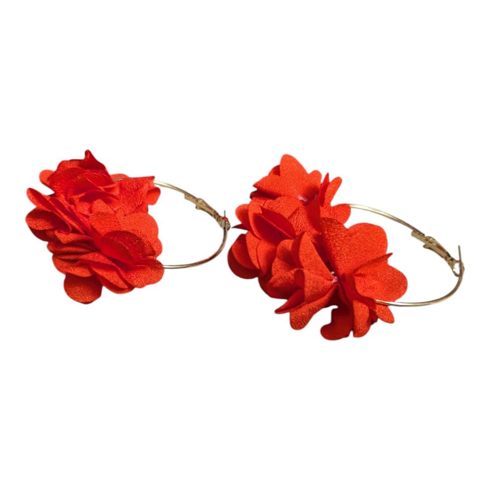 Red Flower Hoop Earrings Gold Tone Statement Floral Earrings - Picture 1 of 4